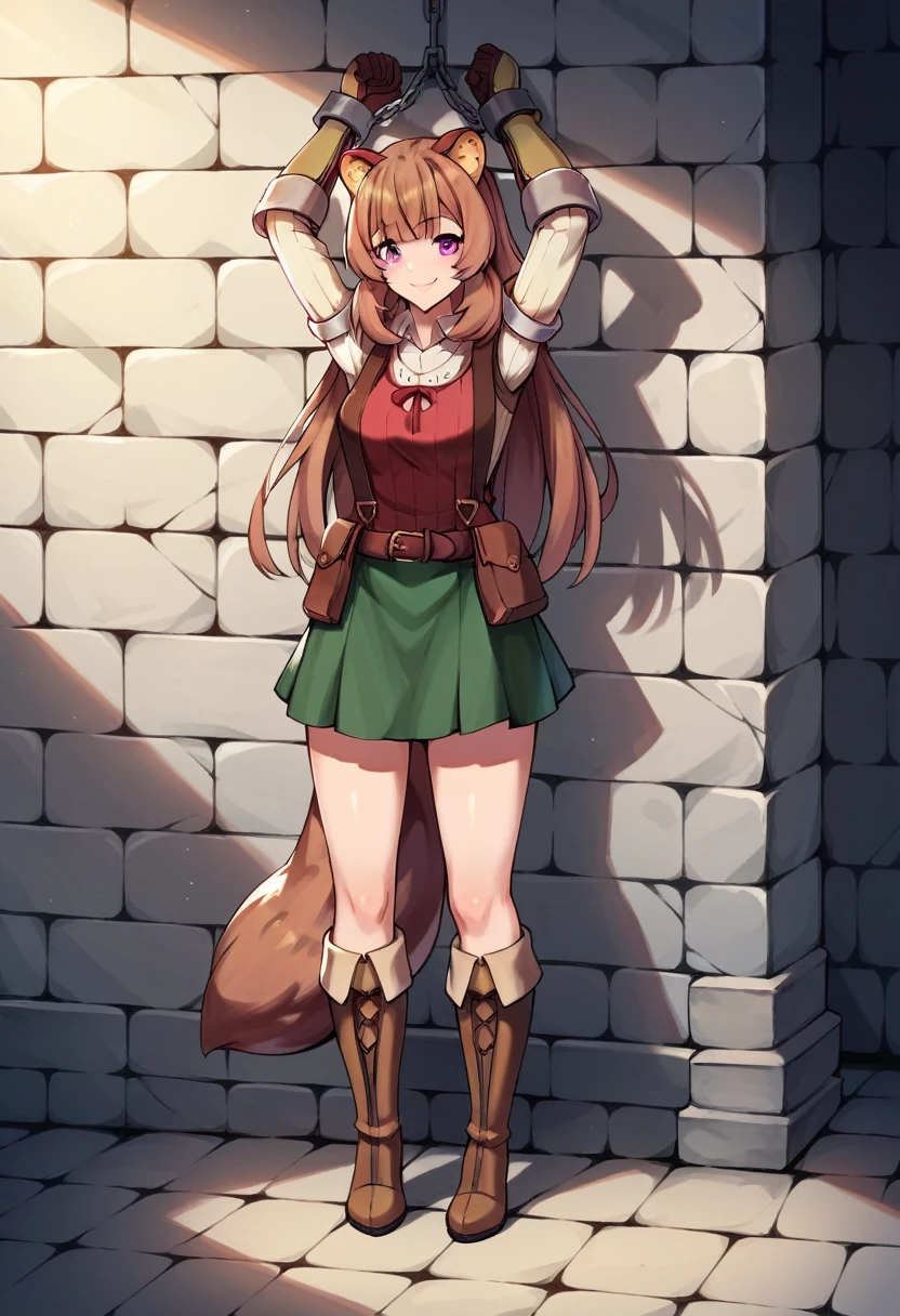score_9, score_8_up, score_7_up, score_6_up, score_5_up, score_4_up, source_anime, 1girl,raphtalia, raphtalia, long hair, bangs, brown hair, animal ears, raccoon ears, raccoon tail, raccoon girl, (pink eyes:1.3), smile, full body, thighhigh boots,
BREAK long sleeves, sweater, ribbed sweater, shoulder armor, breastplate, ribbon, red ribbon, gauntlets, glove, brown gloves, belt, skirt, armor, w-w-chain, shackles, raise arms, clean hair, day, wall, dungeon, best quality, best res, 4K UHD,