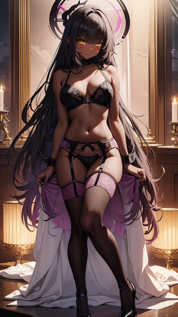 Masterpiece, best quality, UHD night background, long black hair, halo, bangs, yellow eyes, (( pink lingerie, garter belt and stocking )), big tits, blushing, little smile, full body, low angle view shot, night, midnight