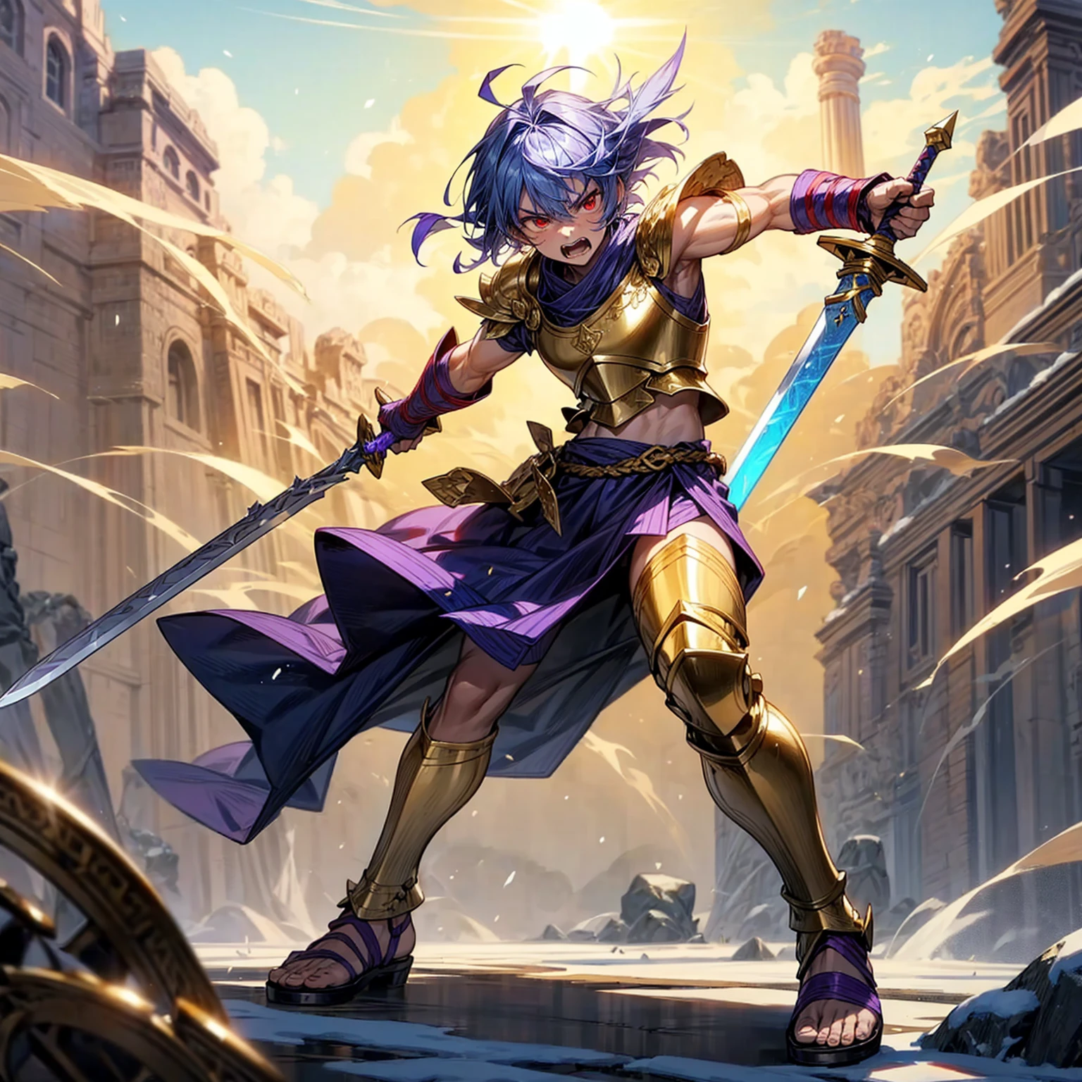 1boys orc, Full body version, red eyes, purple colour skins, angry eyes, cut hair, blue colour hair, angry expression, ancient greek clothing, gladiator sandals, Rapier gold sword in hand, small shield gold, gold armor vest, Grassroots background in snow, sunlight, sun, Sun silhouette, sun glare, smoke, background clutter, damage, war gesture, lighting blue on sword, lighting on sword 