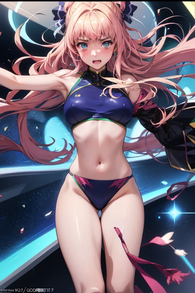 ((8k)), ((32K)), ((Highest quality)), ((masterpiece)), ((Ultra-high resolution)), ((Tmasterpiece)), (((from the front:1.6)))、((8k)), ((32K)), ((Highest quality)), ((masterpiece)), ((Ultra-high resolution)), masterpiece, Highest quality, Ultra-high resolution, Highest quality, anime調, Best writing, Beautiful Face, (anime:1.1), Highest quality, masterpiece, (((Line of sight(chest)、perspective(chest)、Face direction(Down)Eyeball angle(Down))))、1 girl, Shelley Nome, Colorful Hair, Blonde, Pink Hair, Gradient Hair Long Hair, Big Breasts, blue eyes, Mature Woman, Looking at the audience, Sheryl Nome ,Costume ,Macross F, anime, Cosplay, Galactic Fairy, ステージCostume ,Fashion Stage、Spotlight、Giant screen(映し出されるNipples,Multiple sheets)、Nipples、Expose、The spectators cheer,From before,Uplifting,Nipplesポロリ,Clothes get torn,expression(blush,tears,cry)shame、feel、cry、Struggling、narration、Commentary、Nipples勃起、Delighted fans、A packed venue、Penlight、Professionalism、live、pride、growing up、worries、distress、performance、effort、panic、trouble、Nipples、accident、chestを隠す、I try to hide it but I can't、(Photograph the whole body)(looking down:1.2),Create a detailed and realistic illustration of Sheryl Nome from Macross Frontier. She should have long, wavy blonde hair and blue eyes. Her skin should be fair. Please dress her in her iconic gold stage outfit from the "Lion" performance, including large earrings, bracelets, and a necklace. She should be holding a microphone and singing with one hand raised, showing a confident smile. The background should depict a concert stage with spotlights and silhouettes of the audience. The art style should be realistic with detailed features, maintaining the anime influence but with a realistic touch.