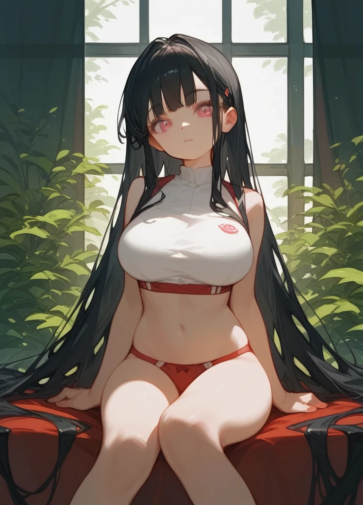 One girl, Black Hair, Large Breasts, Pink eyes, Bangs, Very long hair, Straight Hair, Illustration, anime, anime風, ,Young,Red face, underwear,bra