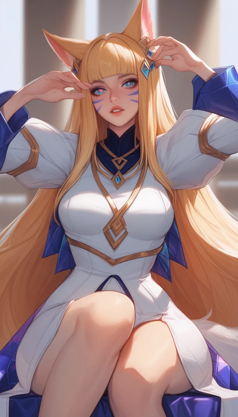 1 beautifull kitsune queen, hands behind, hairs covering ears,blonde hairs, french braid, hair hide ear, hime cut, very long hair, heart-shaped pupils, animal ears,european face, fox ears,"long orange fox ears with black tips", covering ears, kemonomimi mode,tail emanating(9 tails fox),huge tits, large hips,((fully clothed)),miku clothes, anatomically correct, traditional temple, facing viewer,action pose,solo,long hair,looking at viewer,blue eyes,large breasts,blonde hair,long sleeves,hair ornament,animal ears,sitting,parted lips,puffy sleeves,fox ears,facial mark,juliet sleeves,whisker markings,k/da \(league of legends\),sensitive,very aesthetic,absurdres,newest,masterpiece,score_9,score_8_up,score_7_up,score_6_up,score_5_up,score_4_up