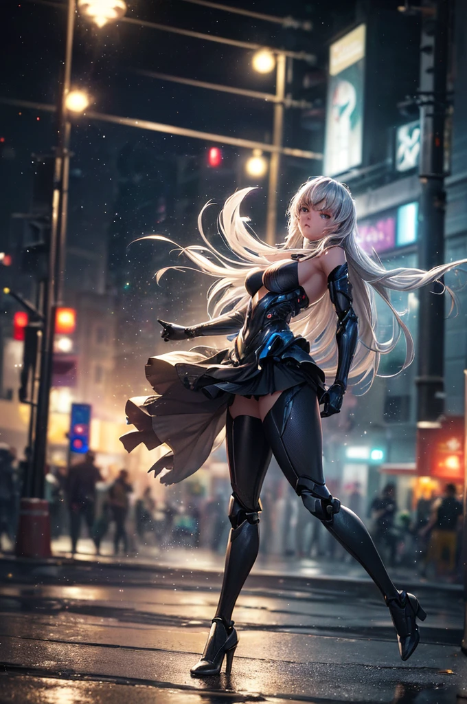 ((film grain, Bokeh, light particles ,dust particles, extreme shooting angles.)), dynamic poses, Full body photo of a young attractive broken robot woman, Eyebrows up, night, streetlight, Gray hair
