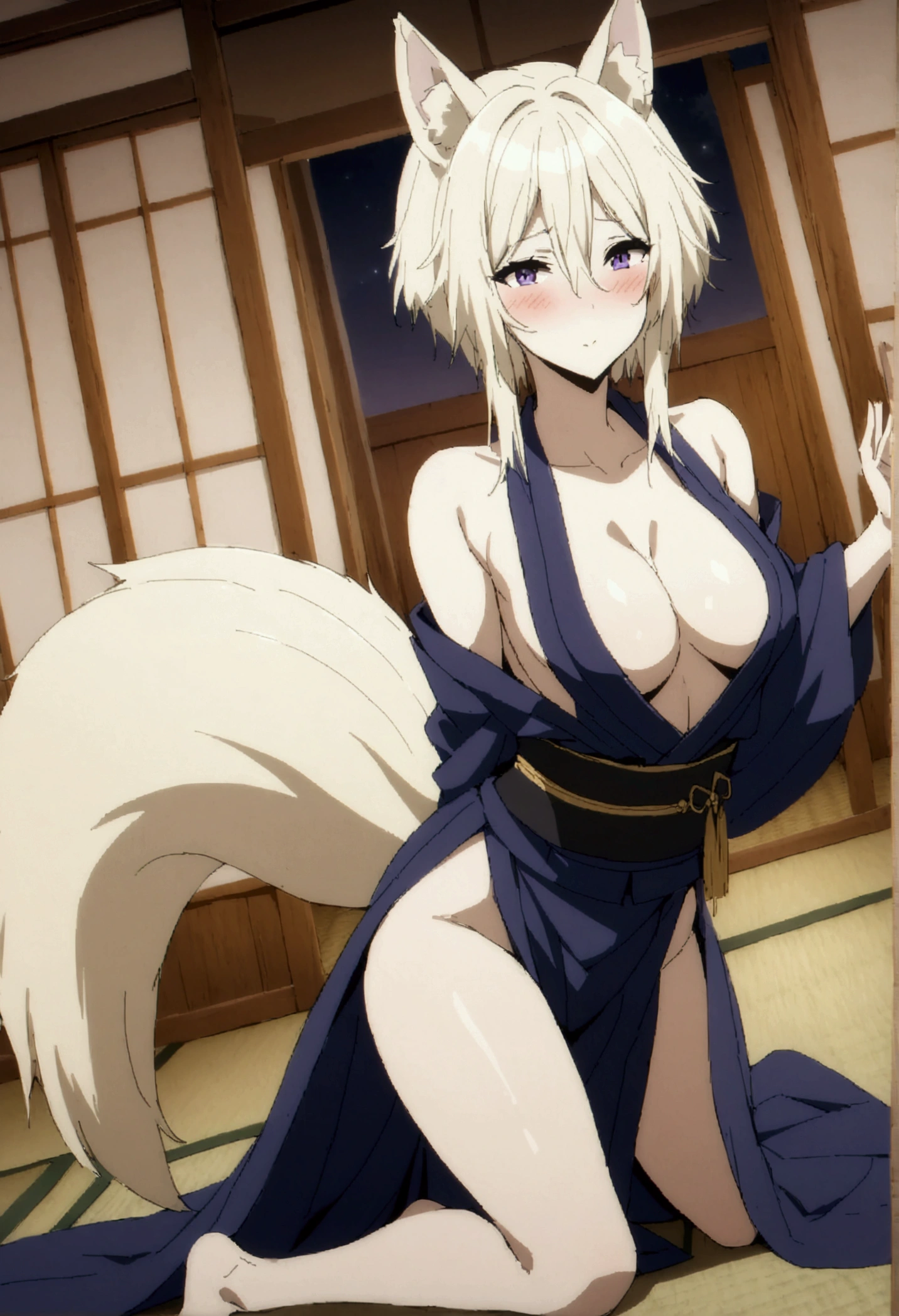 NSFW,masterpiece,Highest quality,High resolution,Very detailed,Zeta\(I want to be a powerful figure behind the scenes!\),Zeta,Animal ears、Purple Eyes,tail,Blonde,short hair,Gorgeous navy blue yukata,Cleavage,blush,Drunk,Alluring face,Intoxication,sake,Luxurious Japanese-style room,inn,futon,tatami,Shoji screen,moonlight,Sexy pose