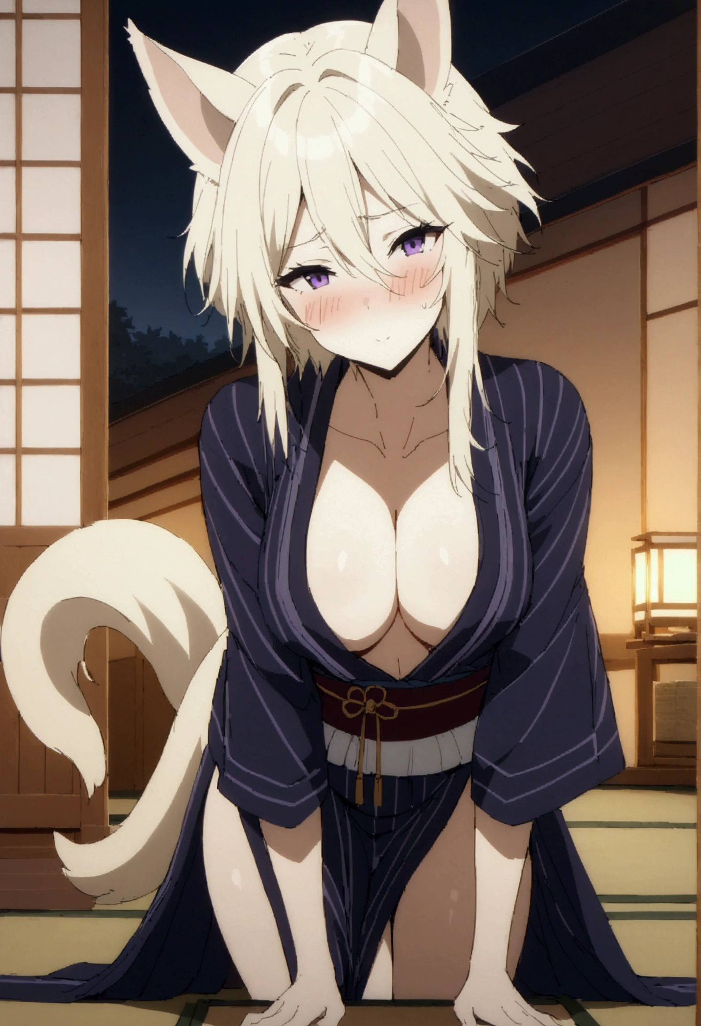 NSFW,masterpiece,Highest quality,High resolution,Very detailed,Zeta\(I want to be a powerful figure behind the scenes!\),Zeta,Animal ears、Purple Eyes,tail,Blonde,short hair,Gorgeous navy blue yukata,Cleavage,blush,Drunk,Alluring face,Intoxication,sake,Luxurious Japanese-style room,inn,futon,tatami,Shoji screen,moonlight,Sexy pose