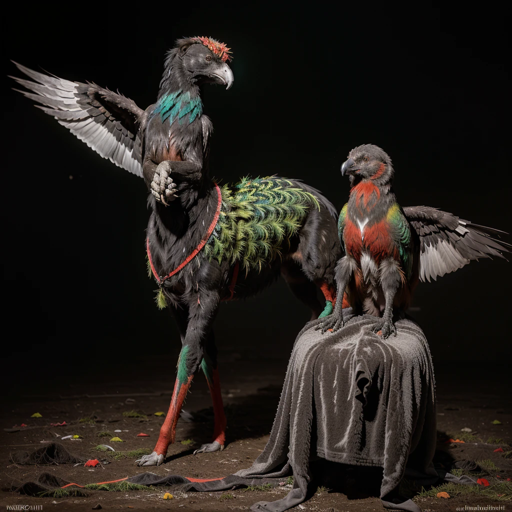 Fine Art, black-white-red-green, high contrast, National Geographic Foto: André Uhlisch - Art, , digital painting of a colorful old bird with glowing legs, in a glittering dress and delicately arranged furry arms and dusty legs,riding on the head of a dog . recorded in the style of post-apocalyptic Fu