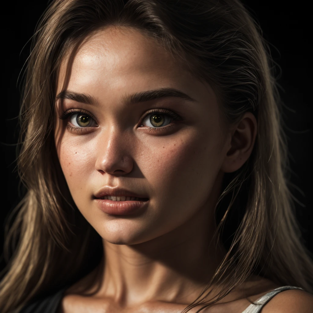 (close-up, editorial photograph of a 21 year old gigi hadid,POV, by lee jeffries, nikon d850, film stock photograph ,4 kodak portra 400 ,camera f1.6 lens ,rich colors ,hyper realistic ,lifelike texture, dramatic lighting , cinestill 800,), (highly detailed face:1.4), perfect eyes, realistic iris, perfect teeth, (smile:0.7), (background inside dark, moody, private study:1.3) , red eyes 