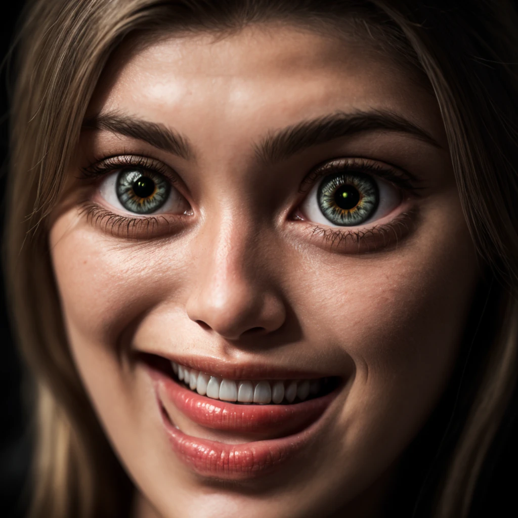 (close-up, editorial photograph of a 21 year old gigi hadid,POV, by lee jeffries, nikon d850, film stock photograph ,4 kodak portra 400 ,camera f1.6 lens ,rich colors ,hyper realistic ,lifelike texture, dramatic lighting , cinestill 800,), (highly detailed face:1.4), perfect eyes, realistic iris, perfect teeth, (smile:0.7), (background inside dark, moody, private study:1.3) , red eyes