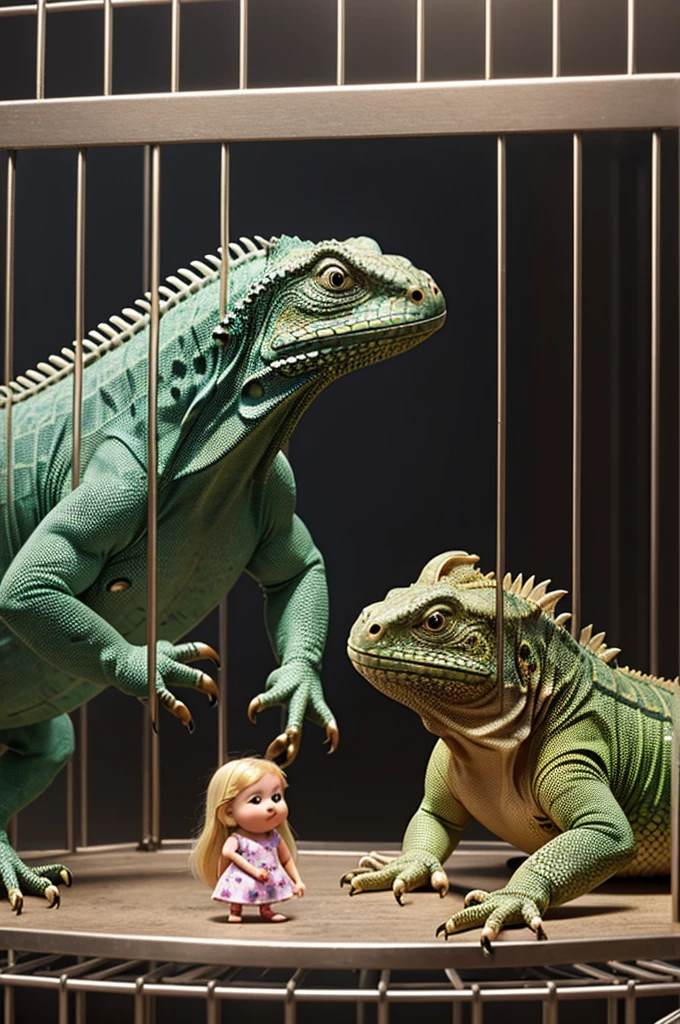 Make a Pixar-style animated Iguana who is watching over a short, chubby blonde girl who is locked in a metal cage please.