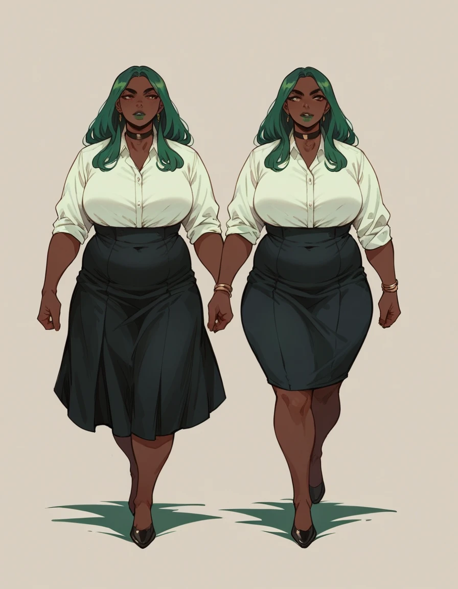 beautyfull woman, long green hair, long hair, african skin, green lipstick, black skirt, black chocker, white corporate suit, chubby, walking