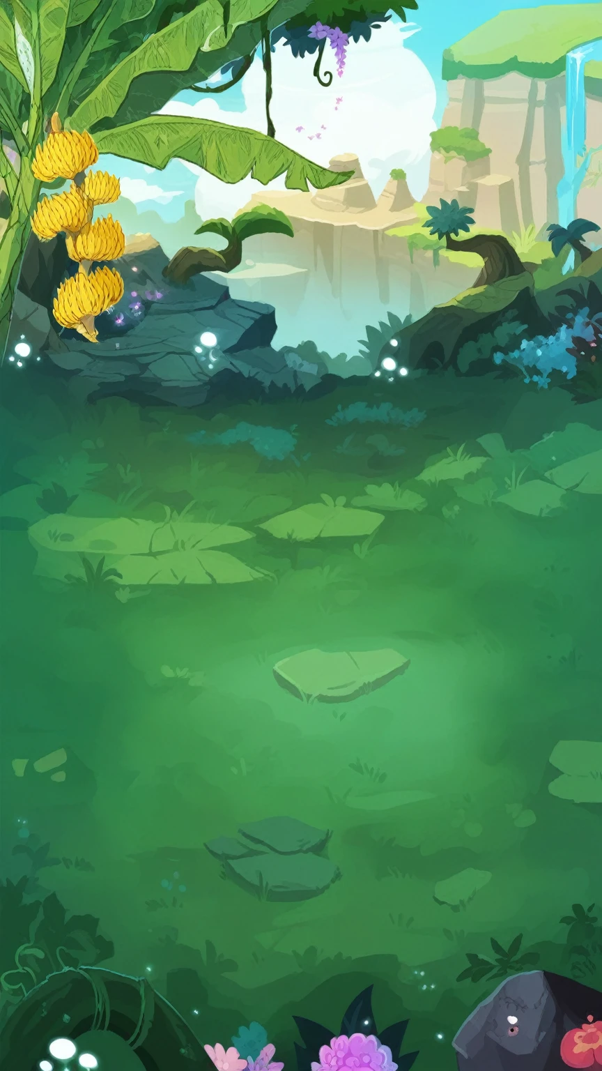 There is a cartoon scene，The jungle is full of bananas and flowers, mobile Game Background, background technology, 2D Game Art Background, Elf forest background, 2d Game Background, background technologywork, Mobile game art, Game Background, Magic battlefield background, Background Jungle, Magical forest background, Cave Background, Magical forest background, Covered with shiny spots, Magic battlefield background