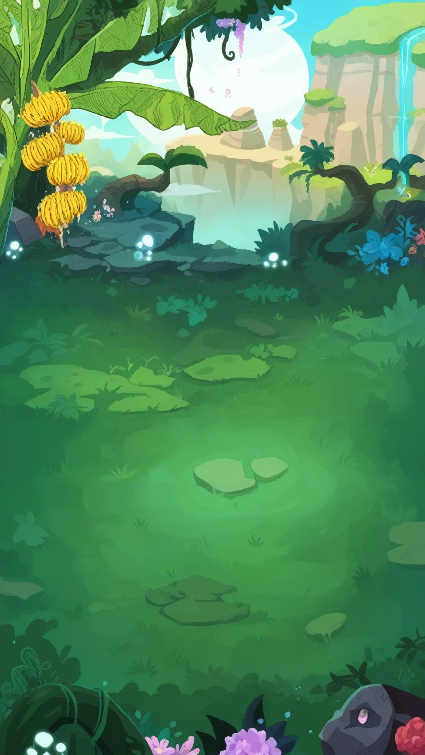 There is a cartoon scene,The jungle is full of bananas and flowers, mobile Game Background, background technology, 2D Game Art Background, Elf forest background, 2d Game Background, background technologywork, Mobile game art, Game Background, Magic battlefield background, Background Jungle, Magical forest background, Cave Background, Magical forest background, Covered with shiny spots, Magic battlefield background