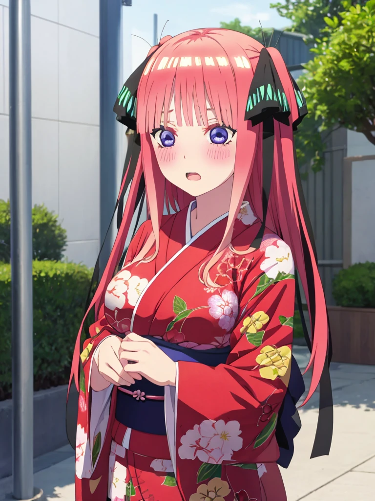 best quality, insanely detailed, nino nakano, kimono, breasts, blush, outdoor background