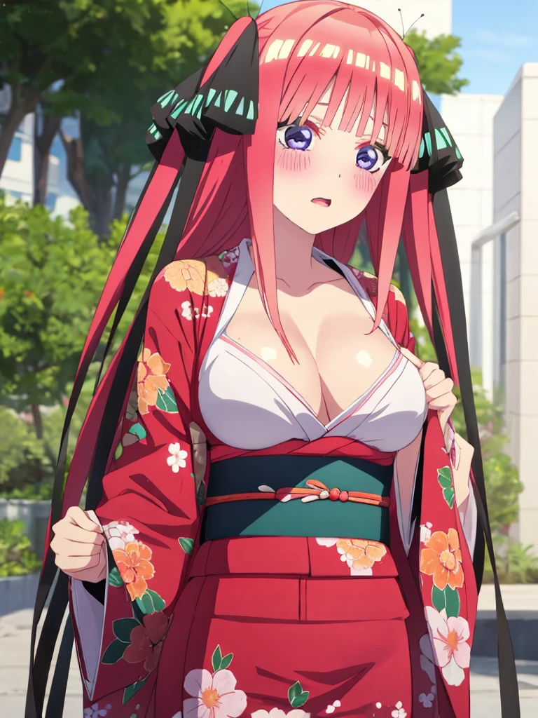 best quality, insanely detailed, nino nakano, kimono, breasts, blush, outdoor background