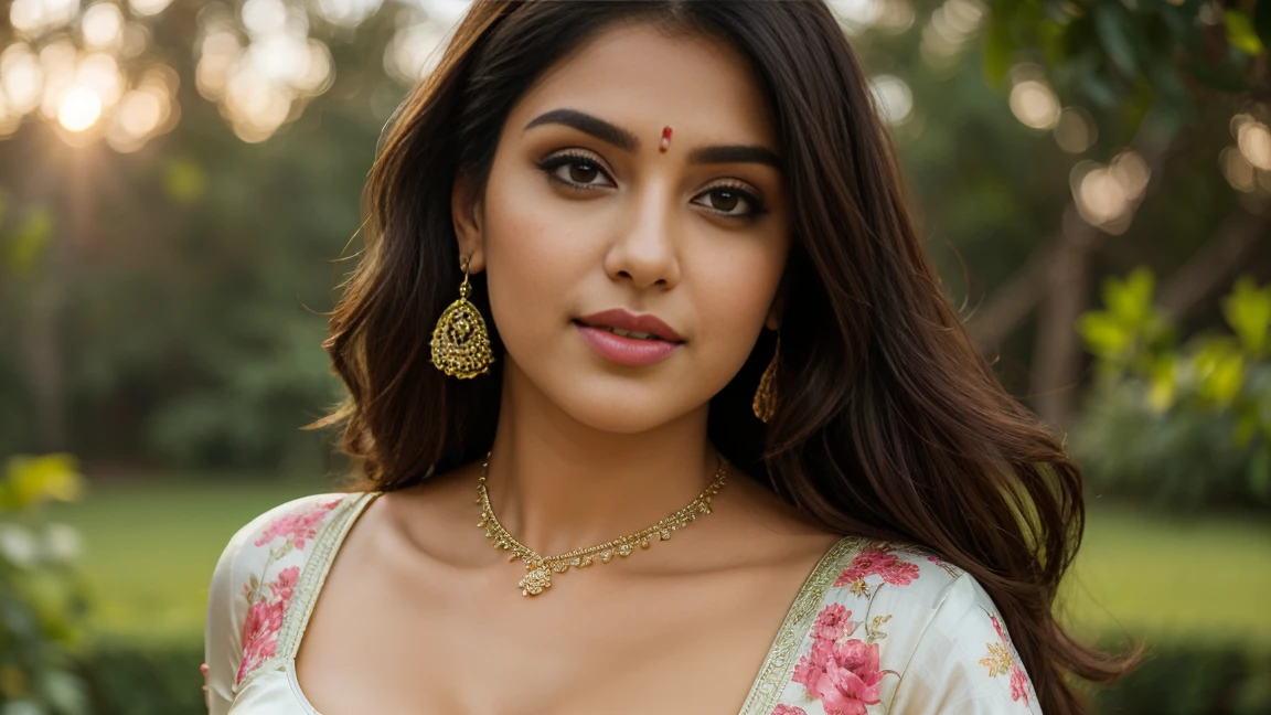 perfect light eyes, fantastic face, Indian, beautiful look, ((light color lips, bright eyes, curve heir 1.5)), ((((beautiful details very Big )))), (Straight round and ultra huge clevage, not sagging breast), (A glorious gorgeous), glorious gorgeous face, pretty face, bright eyes, ((detailed elegant colour printed saree)), updo elegant hair, blurred gray tones background, ultra focus, face ilumined, face detailed, 8k resolution, painted, dry brush, brush strokes, razumov style and garmash style, by Tokaito, (fluorescent colours:1.4),(semi transparent:1.4),(retro filters:1.4),(fanciful:1.4),Soft Landscape Pale Light Soft Whimsical Light Celestial Symphony Background Ultra Realistic Ultra High Quality Cinematic Lighting Huge Details Full HD Painting Plenty of light,diagonal bangs, Dress with collar,side masterpiece, best qualityer,realskin,(sportrait:1.5), 1girll, bluntbangs, (long wavy black hair),(((Cropped Breast Wear))), (((straight standing posing))), (((half body portrait))), ((Celestial Symphony)), (((big sexy body shape))), (((solo girl)))