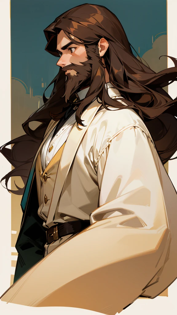 A stately young man with long hair, a beard, brown hair, and white skin
