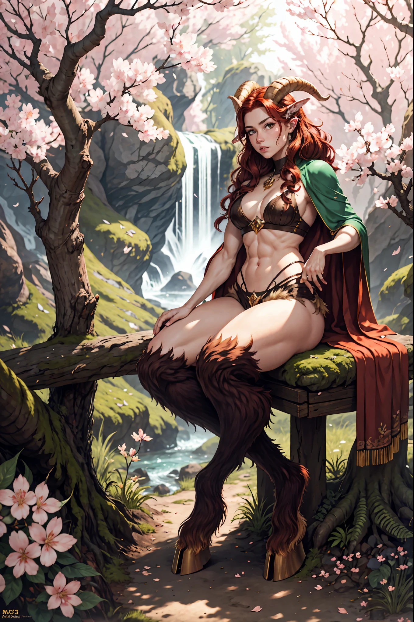 red hair,A faun female in the forest, satyr, woman, fantasy(masterpiece, best quality, photorealistic, detailed shiny skin:1.2), flawless, 8k, RAW, highres, (dark night:1.1), goat legs, furr legs, hooved, goat horns, beard, long black hair, looking at viewer, cinematic, dark background, medieval, muscles, open ches5, fantasy, (absurdes), attractive, long blonde hair, golden eyes, sexy,big  , cherry blossom,waterfall, forest, sun rays