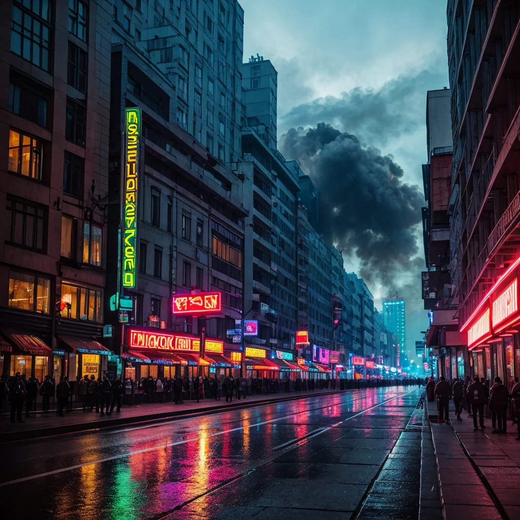 „Szybki samochód sportowy dryfujący na zakręcie. Tło to futurystyczne miasto nocą z neonmi światłami i wysokimi wieżowcami. There are reflections of lights on the street, and smoke rises from under the wheels. The artistic style should be dynamic, neon, stonowany, not too bright. Nieco dystopijna, cyberpunk, dark atmosphere, "little light"
