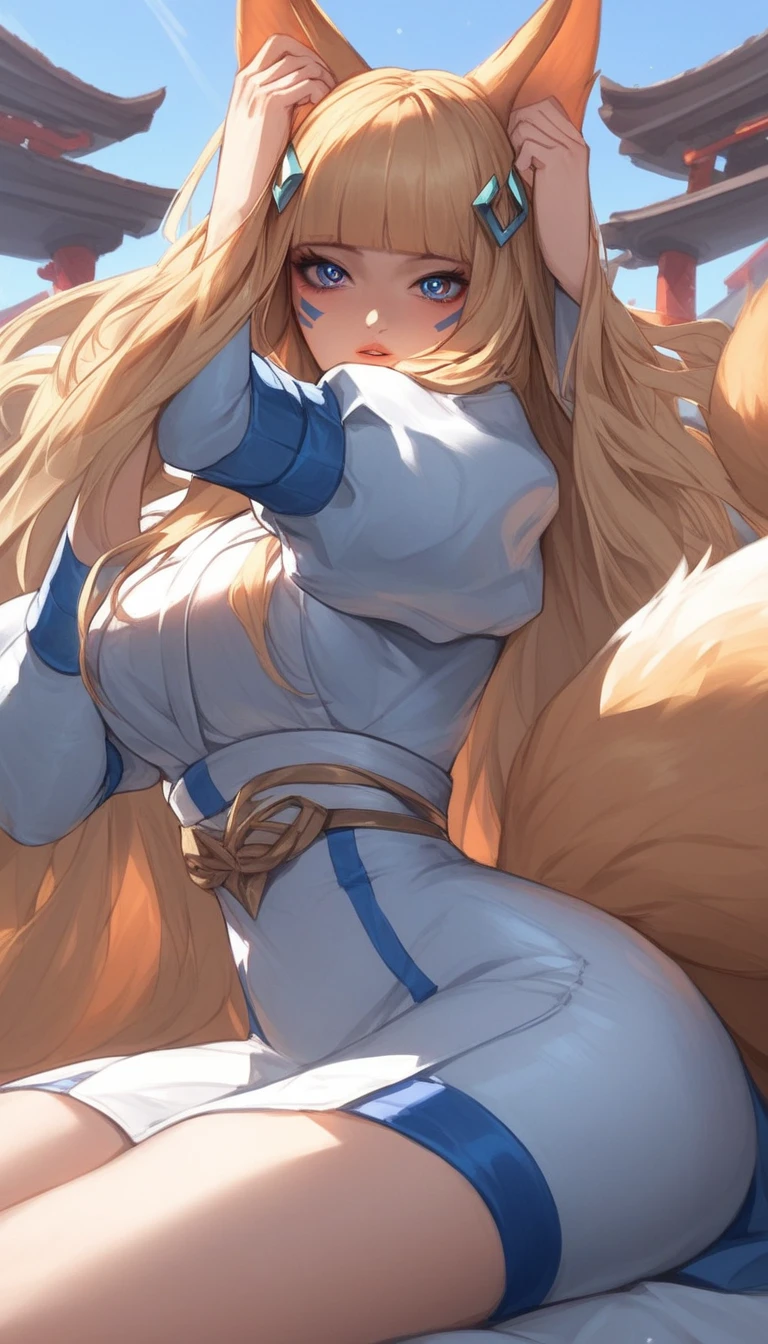 1 beautifull kitsune queen, hands behind, hairs covering ears,blonde hairs, french braid, hair hide ear, hime cut, very long hair, heart-shaped pupils, animal ears,european face, fox ears,"long orange fox ears with black tips", covering ears, kemonomimi mode,tail emanating(9 tails fox),huge tits, large hips,((fully clothed)),miku clothes, anatomically correct, traditional temple, facing viewer,action pose,solo,long hair,looking at viewer,blue eyes,large breasts,blonde hair,long sleeves,hair ornament,animal ears,sitting,parted lips,puffy sleeves,fox ears,facial mark,juliet sleeves,whisker markings,k/da \(league of legends\),sensitive,very aesthetic,absurdres,newest,masterpiece,score_9,score_8_up,score_7_up,score_6_up,score_5_up,score_4_up 