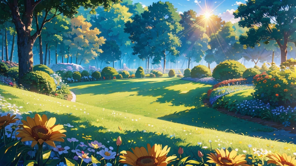 Fluffy white clouds floating in the blue sky,warm colours reflecting the sun,Above the garden is a green pasture, The scene is peaceful, floral flowers colorful,Sunlight shines through the dense tree canopy, Casting hot natural heat, Bell, reality, high-quality images, 8k, high détail, Perfect precision, perfect composition, Elegant and charming, realistic styling, warm colours, softshadows, sharp details , high definition quality , louder lighting style