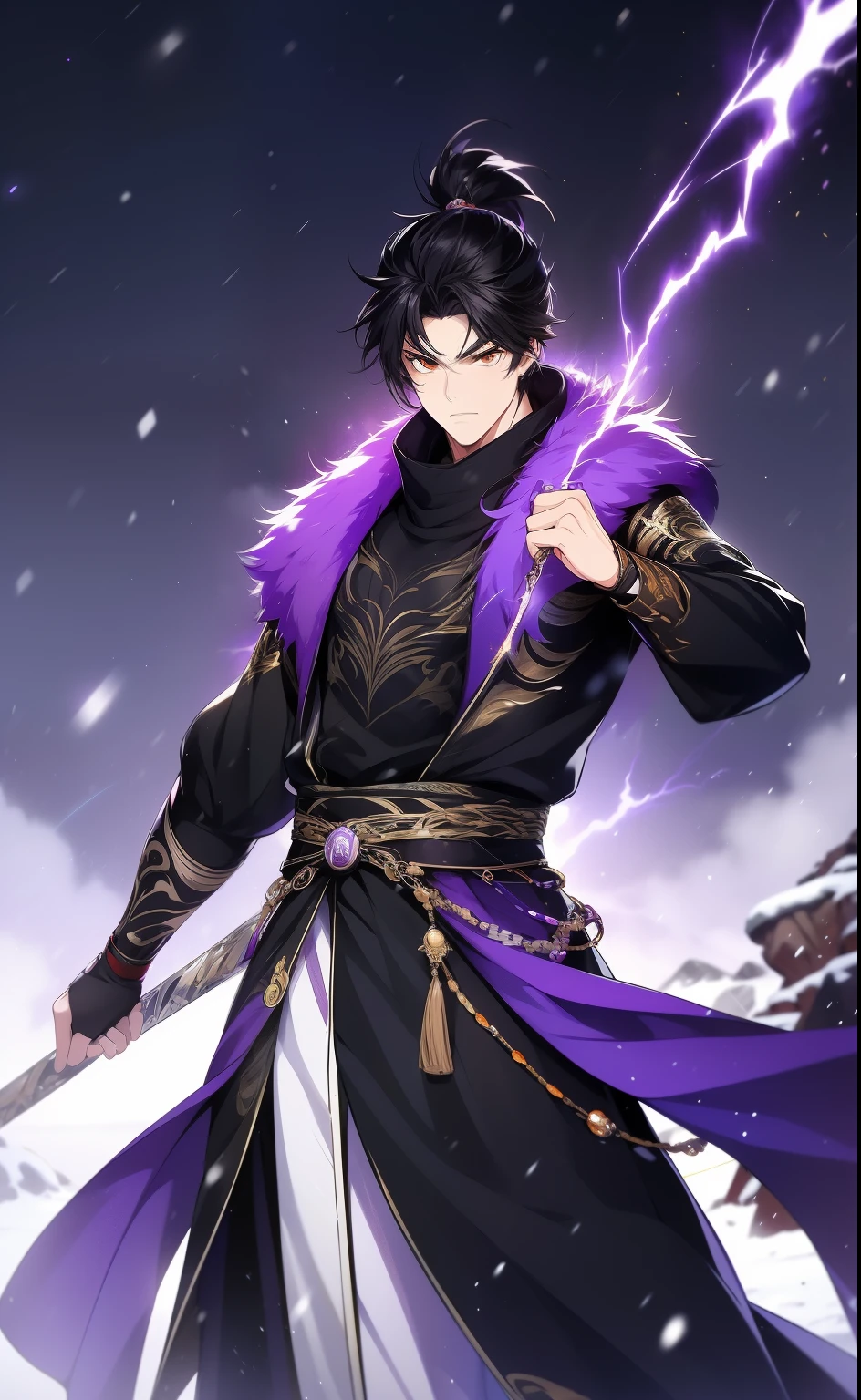 the only person，Libido boy，disheveled black hair , Orange eyes , purple martial arts uniform , Fighting posture，purple aura，lightning effects，Snowy background , Snowy wasteland background, Martial arts costumes , 1male people , Complicated details , perfect generation , male people , musculous , poncho，red magic vortex，