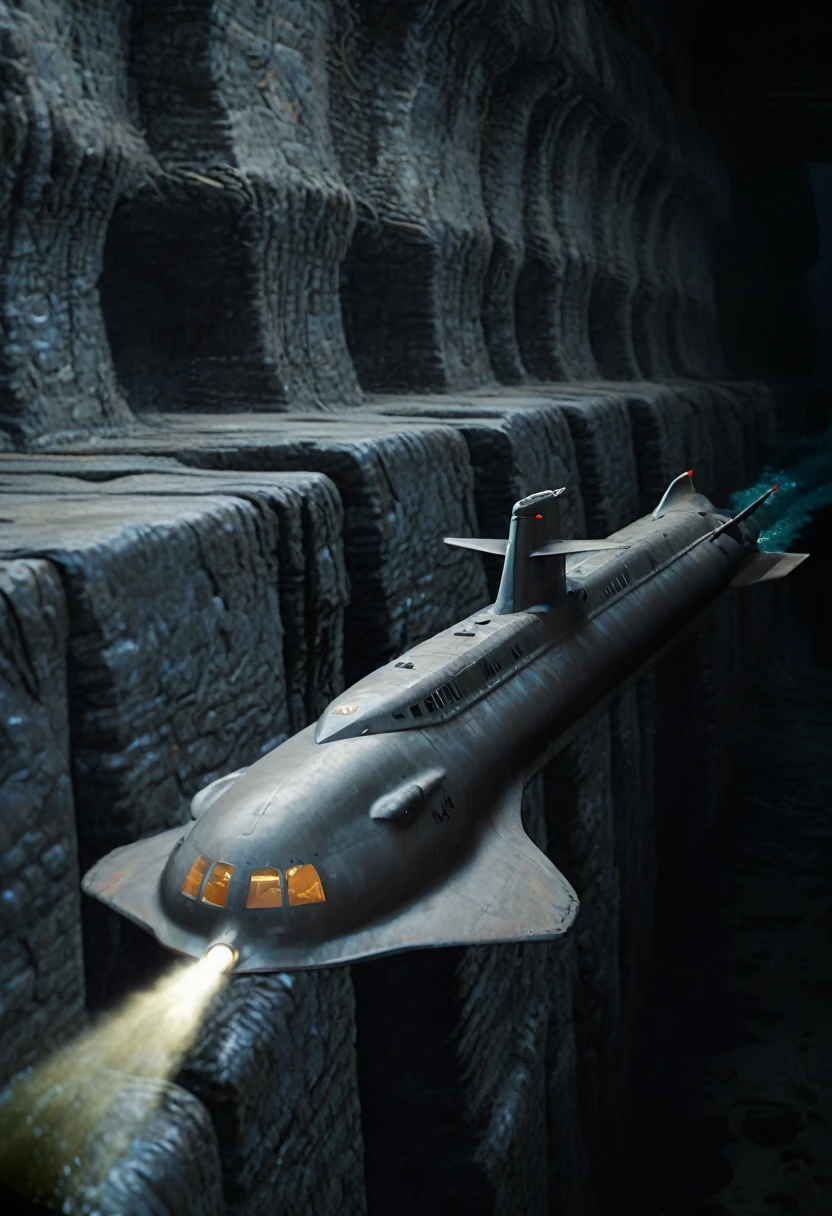 Detailed, scary  illustration of deep undersea wall, stretching back out of sight in dark water, submarine USS Seaview cruising by, Dynamic Lighting, Unreal Engine 5, CryEngine, Trending on ArtStation, HDR, 3D Masterpiece, Unity Render, Perfect Compositionwatercolor style, dripping with paint,  hyper-realistic full color, perfect composition, beautiful detailed intricate insanely detailed octane render trending on artstation, 8 k artistic photography, photorealistic concept art, soft natural volumetric perfect light, award - winning photograph, masterpiece, Watercolor, trending on artstation, sharp focus, studio photo, intricate details, highly detailed, by greg rutkowski