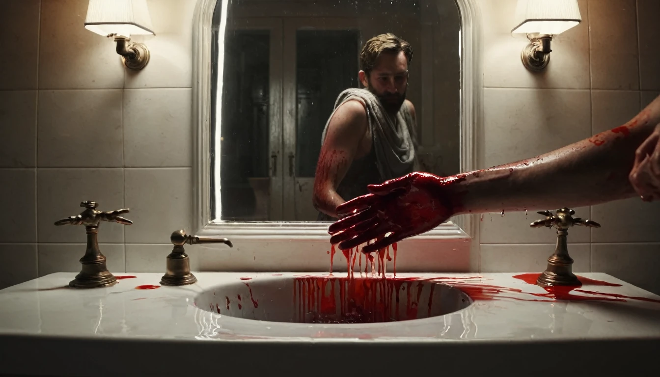 create a scene : Where a man's hands are covered with blood, he is washing his hands with water in the basin in front of a mirror. light setup is red glare. Make it look realistic. Create it in a cinematic frame of 16:9 ratio and close up to just on the hands.