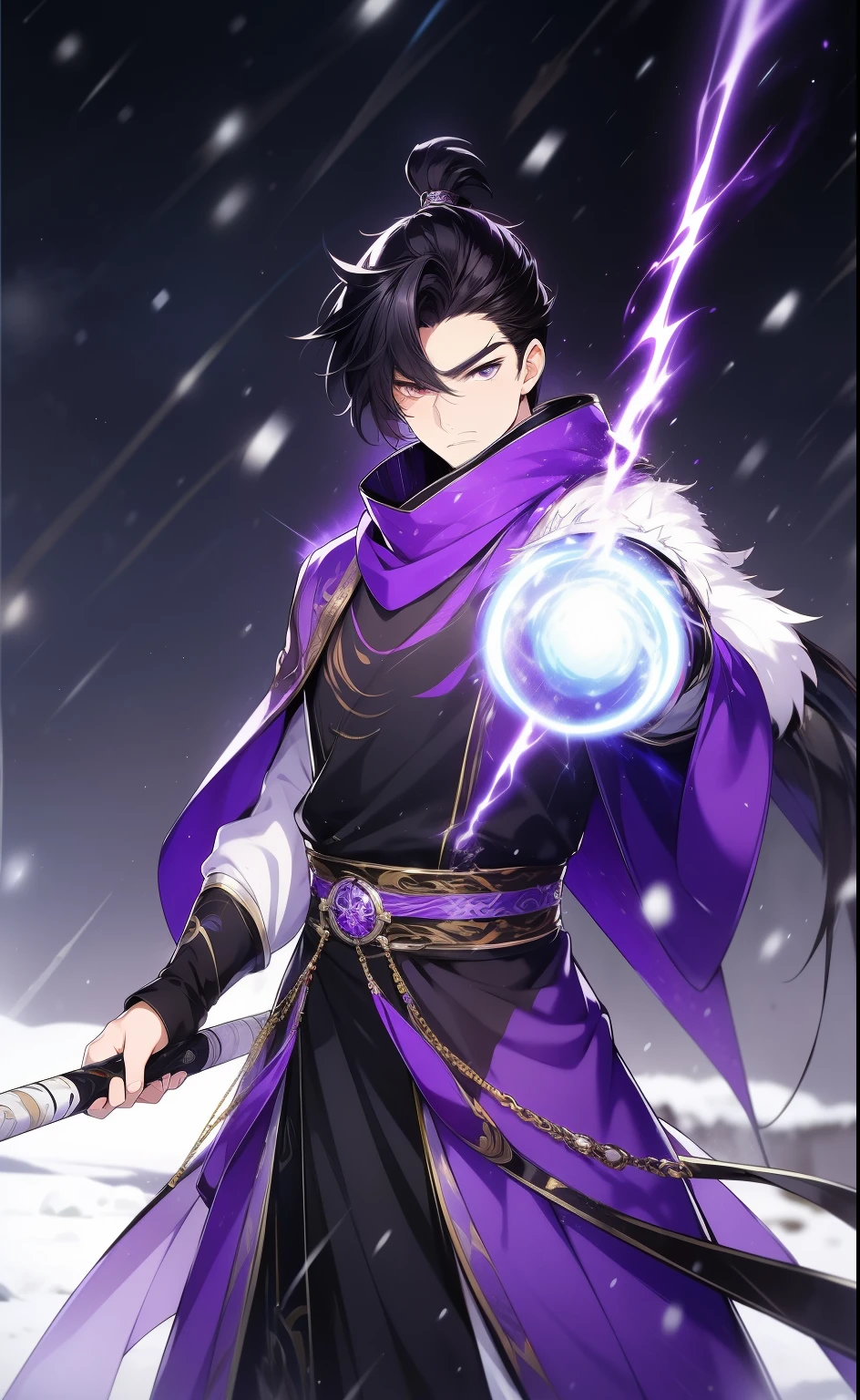 the only person，Libido boy，disheveled black hair , Orange eyes , purple martial arts uniform , Fighting posture，purple aura，lightning effects，Snowy background , Snowy wasteland background, Martial arts costumes , 1male people , Complicated details , perfect generation , male people , musculous , poncho，red magic vortex，