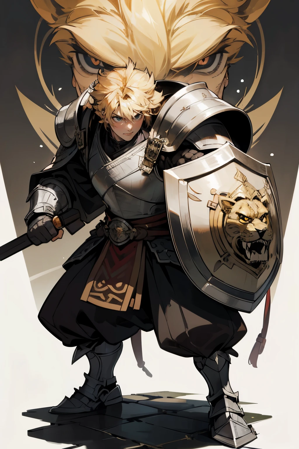 Very high quality, 4k, Masterpiece of the highest quality, extreme attention to detail on hands and face, extreme attention to detail in eyes, anime style, A Virile and Masculine Norse warrior wearing heavy silver armor and carrying a Powerful Hammer in his Right Hand and a Lion Shield in his Left Hand, blonde with blue eyes, Ken Masters style face, nordic battle scene on mountain background, single character full body art.