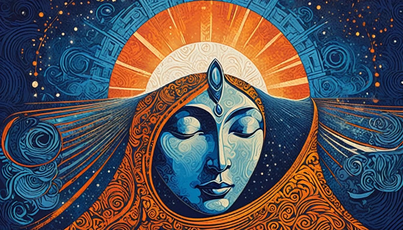 Create a woodcut style image digital art surreal art that depicts a mystical figure with divine characteristics, a, symbolizing control and harmony with the universe. Use a vibrant color palette, including blue, oranges and whites, to create heavenly contrast and a stunning visual effect