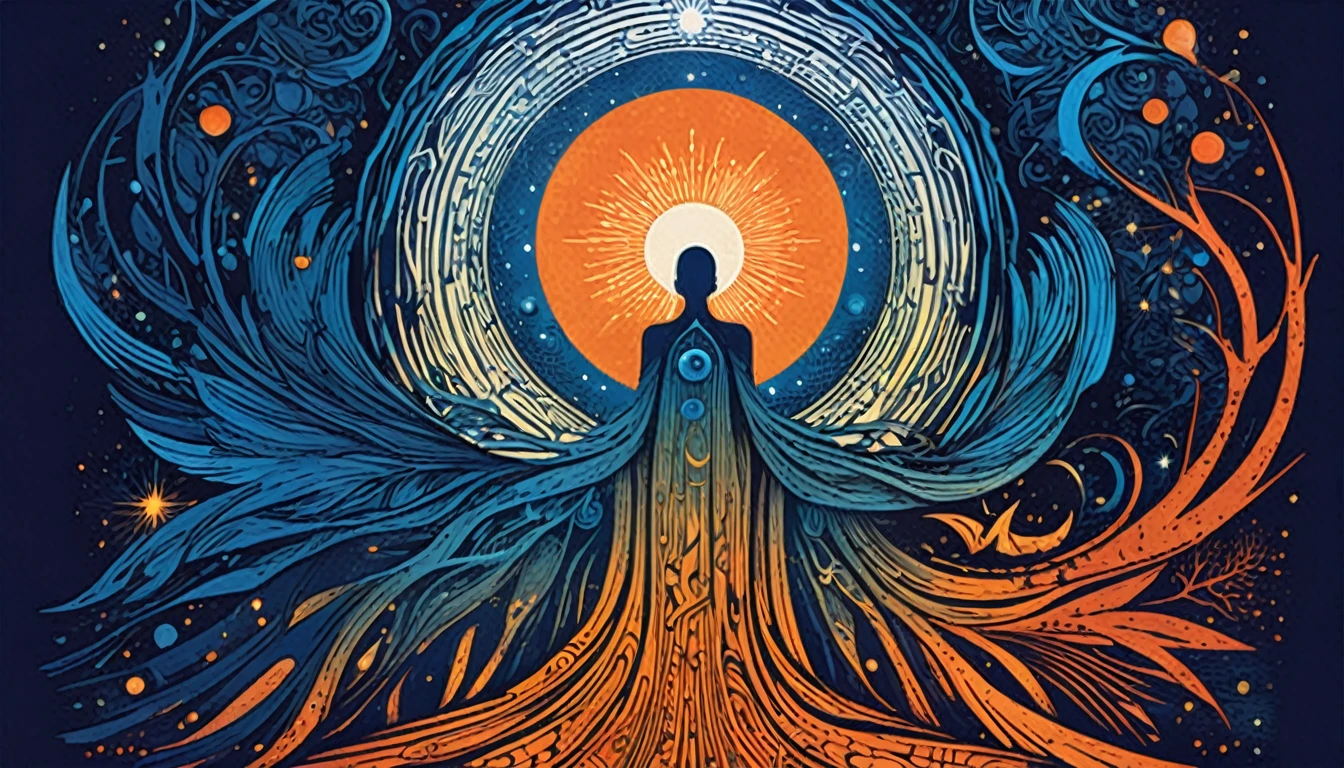 Create a woodcut style image digital art surreal art that depicts a mystical figure with divine characteristics, a, symbolizing control and harmony with the universe. Use a vibrant color palette, including blue, oranges and whites, to create heavenly contrast and a stunning visual effect