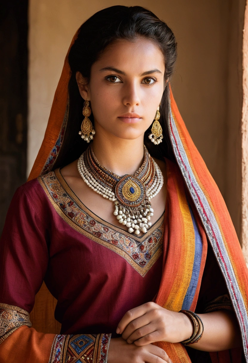 Liora, At 22 years old, is a young woman of medium height and slender figure. Her dark hair is always tied up in an exuberant way., highlighting its imposing presence. His brown eyes reflect intense determination, and his elegant bearing is complemented by traditional Civatem attire, often adorned with jewelry made by village artisans. Liora carries with her an aura of grace and authority, fruit of her dedication to the art of weaving and leadership of Casa Tiski.