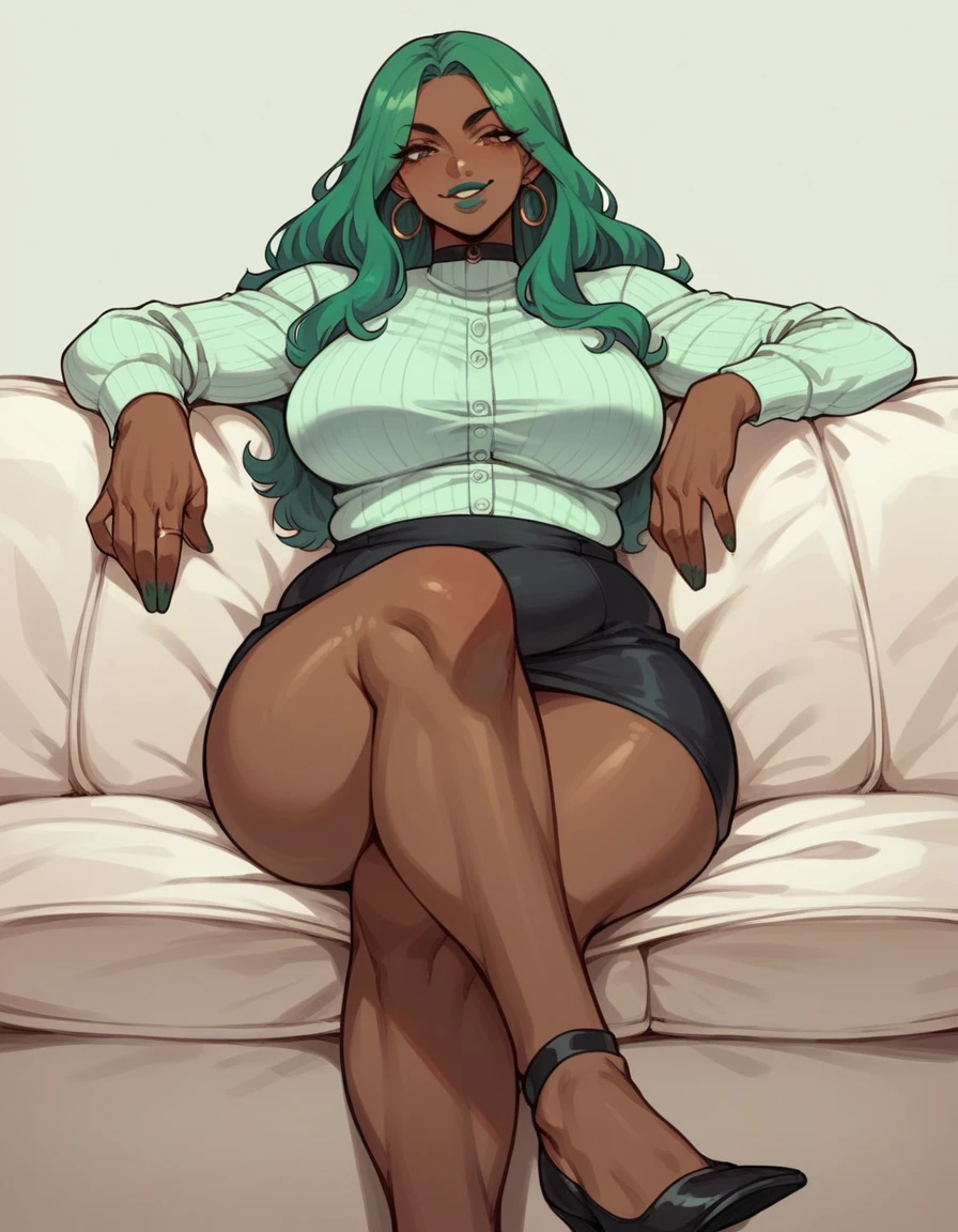 beautyfull woman, long green hair, long hair, african skin, green lipstick, black skirt, black chocker, white corporate suit, chubby, sit in sofa, crossed legs, naughty smile