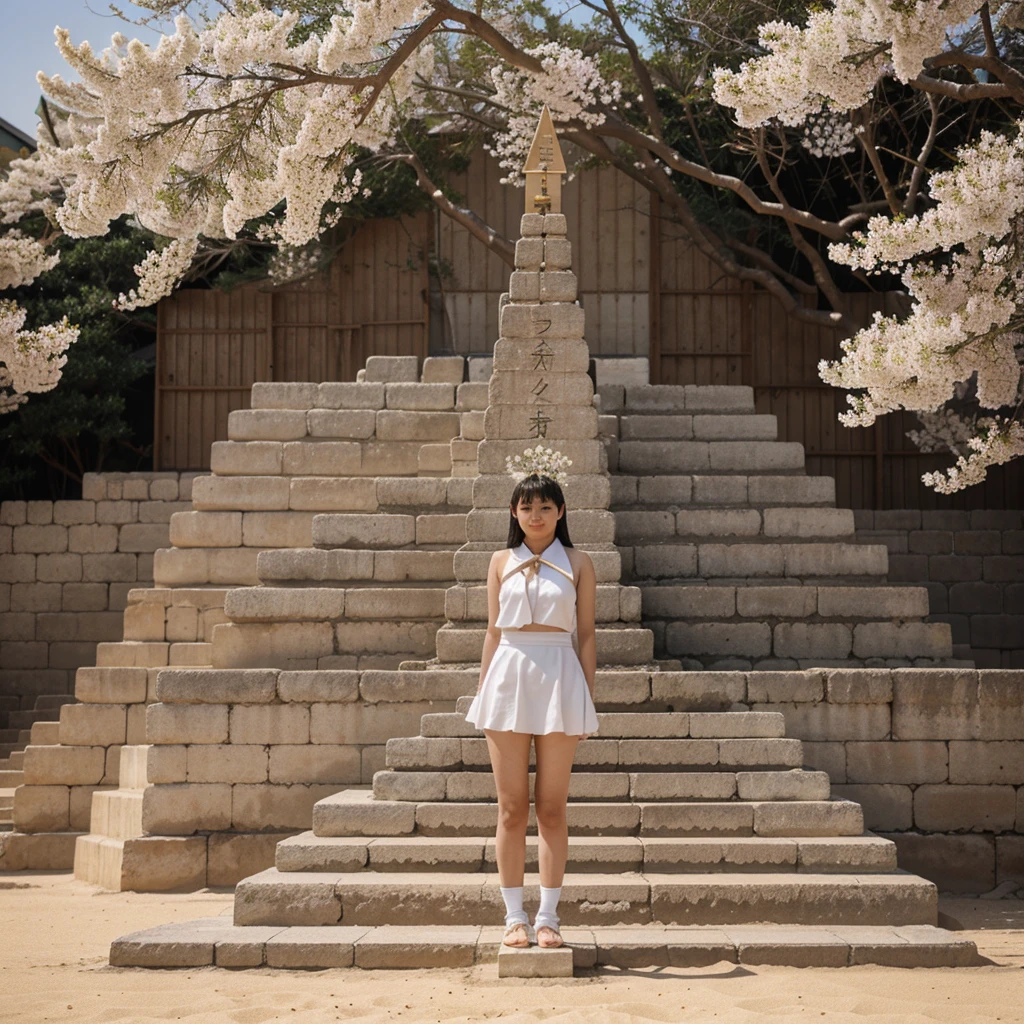 Mimiya in sandy white blossom stands on top of the pyramid 