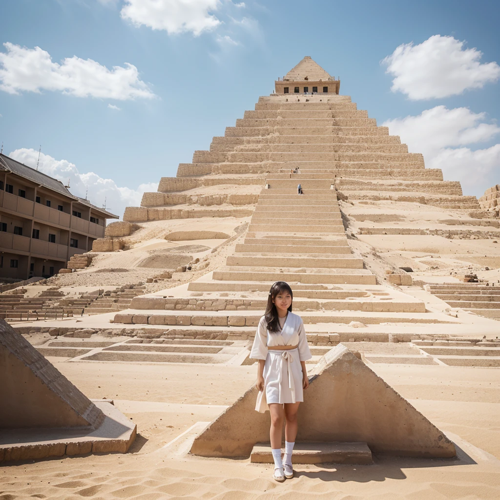 Mimiya in sandy white blossom stands on top of the pyramid 