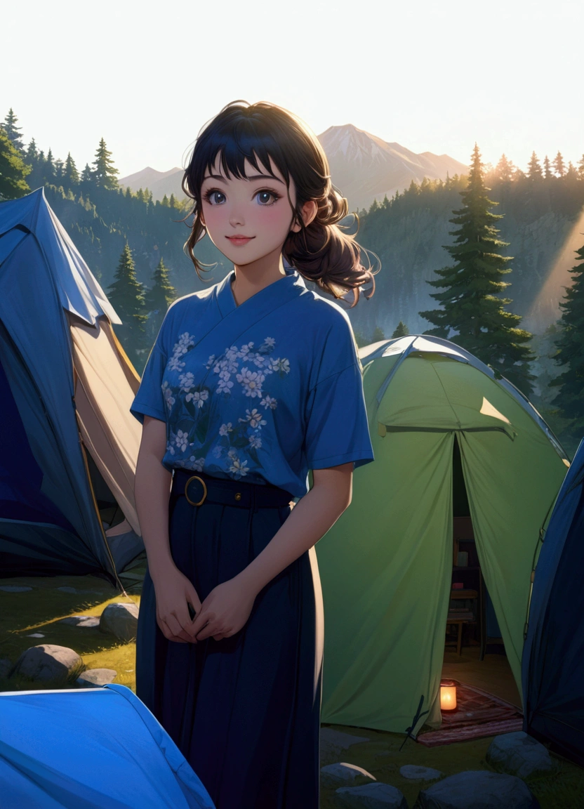 realistic anime illustration of a smiling teenage girl, detailed face and eyes, long eyelashes, beautiful detailed lips, cute expression, outdoor campsite, tents, nature landscape, pine trees, rocks, mountains, blue sky, fluffy clouds, golden hour lighting, cinematic, detailed environment, high quality, (masterpiece, best quality, Japanese anime style)