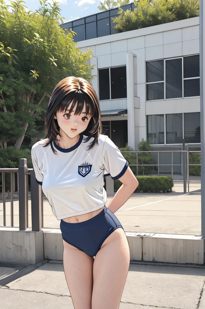 masterpiece, best quality, highres,Young and very cute17--old l,Sexy pose,Unusually beautiful and large eyes,Thick eyelashes,Thick eyebrows,A well-balanced and toned body,yoshizuki_iori, buruma,gym uniform, standing, cowboy shot, outdoors,