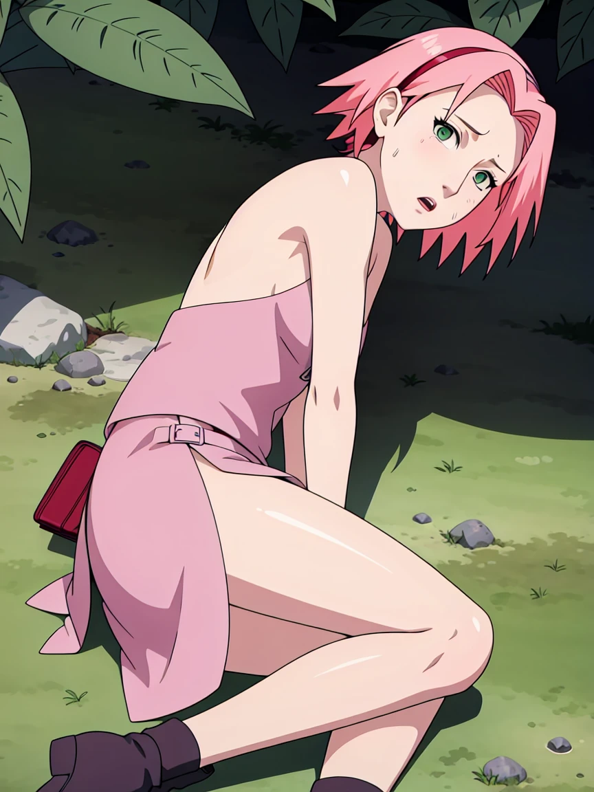 ((((Special style illustrations:1.0)))),best quality,The best animation,Create a masterpiece,Ray tracing,1 girl,only, Knees up, Sakura Haruno , NSTDA., quality green eyes), Naked, Naked, Naked、1 girl, only, beautiful face, eyelash, nose, Glossy lip surface: 1.5), Fine skin, short cut, full body, Professional lighting, Slim figure, one woman, rift, Close your eyes., lips, short hair, open mouth, photo_ (medium sized), sleep, small size, only, (Create a masterpiece), (photoreal: 1.3), NBTC........., Superb details, (Highly detailed skin: 1.2), (best quality: 1.0), (Ultra high resolution: 1.0), lie down, Armpit hair, outdoor, In the forest, Lie on your back., Drooling, sexy tits, Bangs, sweat a lot, look at suffering..., expression of pain, information