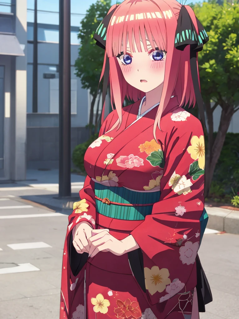 best quality, insanely detailed, nino nakano, kimono, breasts, blush, outdoor background