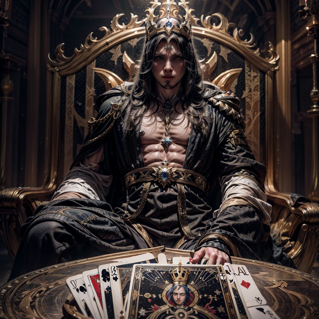 (work of art, work of art), tarot, cards, (Delicate facial features), Male Emperor, tails, elsword, sitting in a throne, serious expression, 8k, details Intricate, (Digital Works of Art), with your evil queen by your side