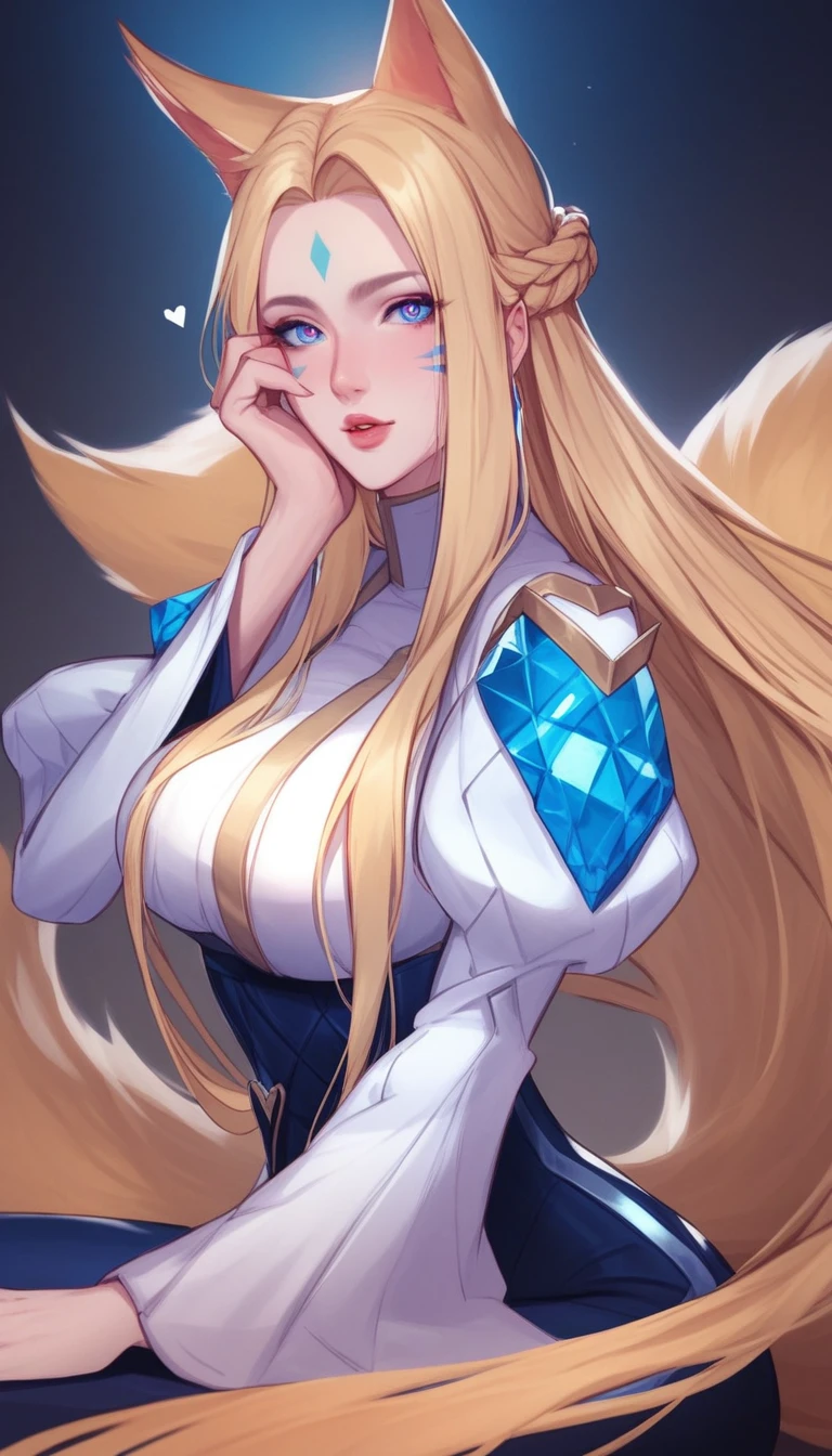 1 beautifull kitsune queen, hands behind, hairs covering ears,blonde hairs, french braid, hair hide ear, hime cut, very long hair, heart-shaped pupils, animal ears,european face, fox ears,"long orange fox ears with black tips", covering ears, kemonomimi mode,tail emanating(9 tails fox),huge tits, large hips,((fully clothed)),miku clothes, anatomically correct, traditional temple, facing viewer,action pose,solo,long hair,looking at viewer,blue eyes,large breasts,blonde hair,long sleeves,hair ornament,animal ears,sitting,parted lips,puffy sleeves,fox ears,facial mark,juliet sleeves,whisker markings,k/da \(league of legends\),sensitive,very aesthetic,absurdres,newest,masterpiece,score_9,score_8_up,score_7_up,score_6_up,score_5_up,score_4_up 