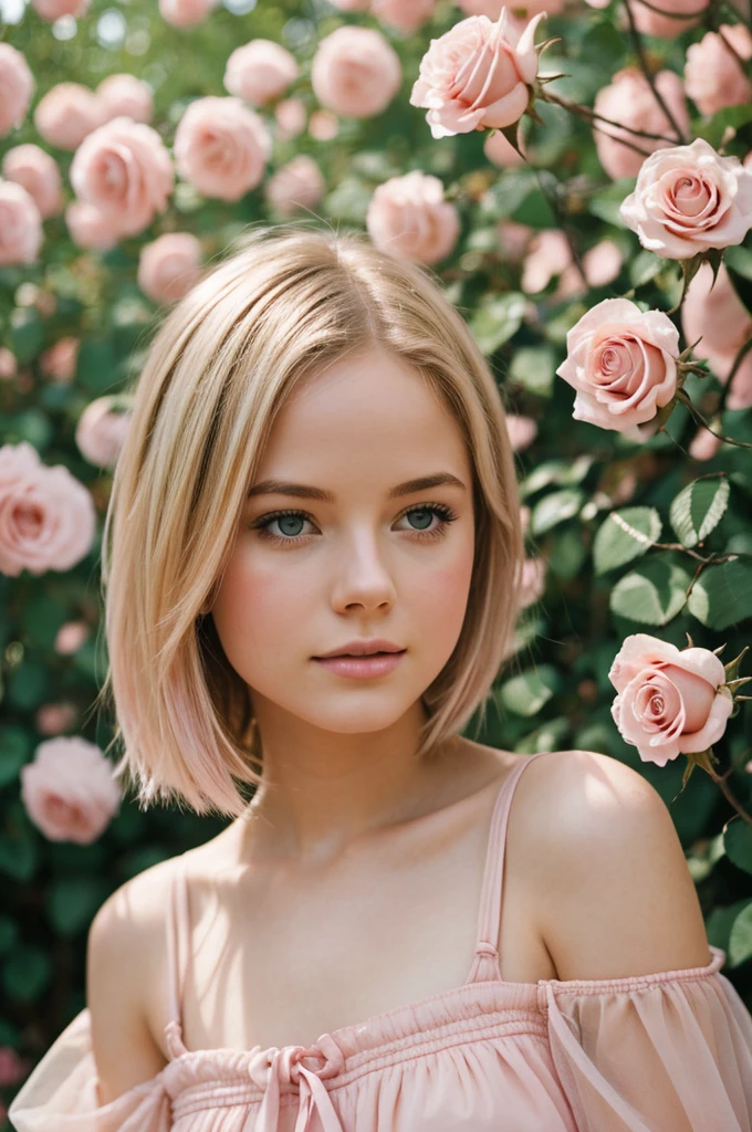 8k, raw photo, fujifilm, Style photography of a beautiful young girl like Avril in a light pink rose garden. (very detailed skin: 1.2) Style-Petal BREAK short hair, blonde hair with colored highlights, wearing a dress, film grain, 35mm, beautiful style