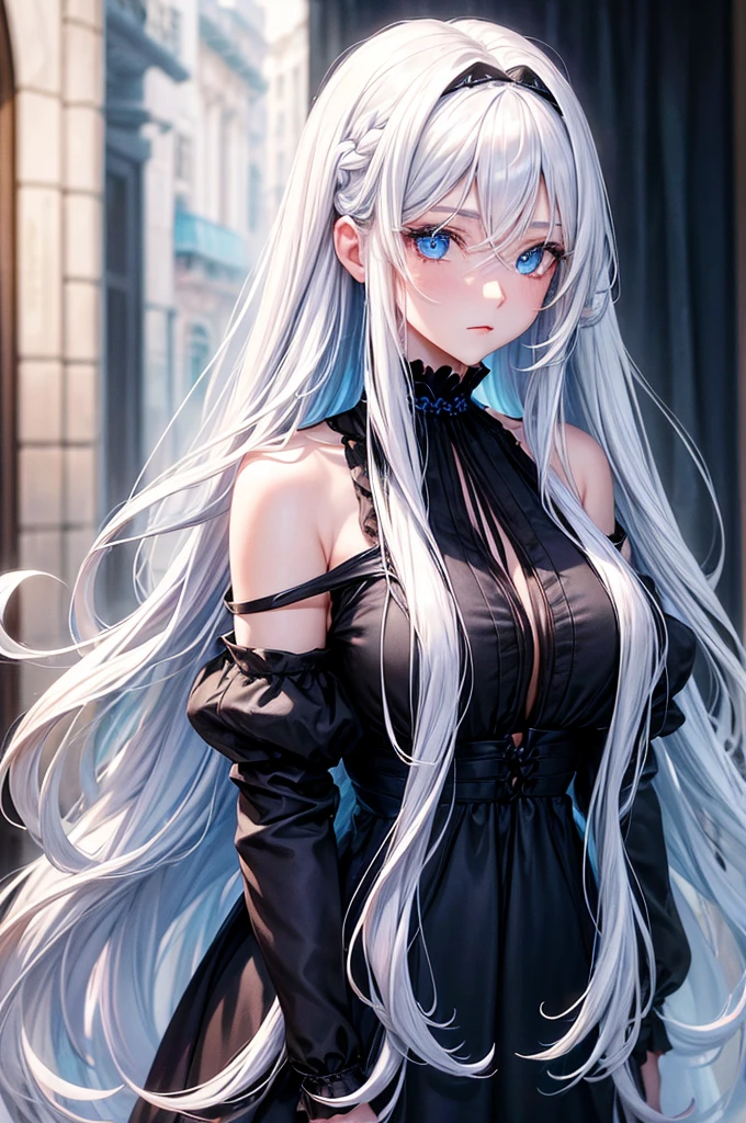 A beautiful woman with long white hair, gorgeous blue eyes, Ultra HD (ultra detail) looking at the viewer wearing a pretty modern black dress with a neckline, high resolution, soft focus, using magic