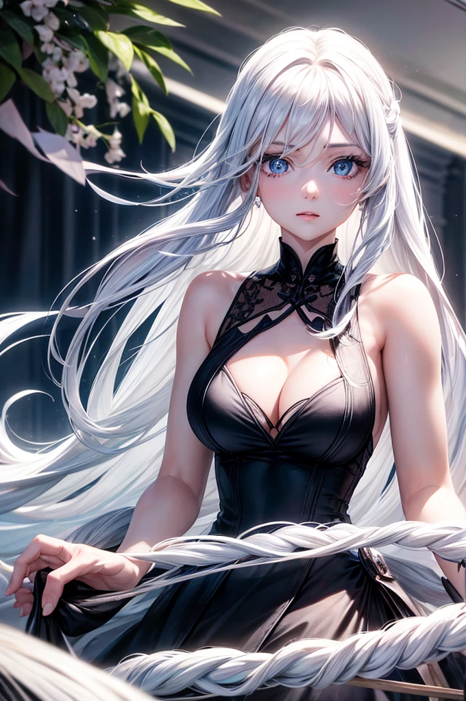 A beautiful woman with long white hair, gorgeous blue eyes, Ultra HD (ultra detail) looking at the viewer wearing a pretty modern black dress with a neckline, high resolution, soft focus, using magic