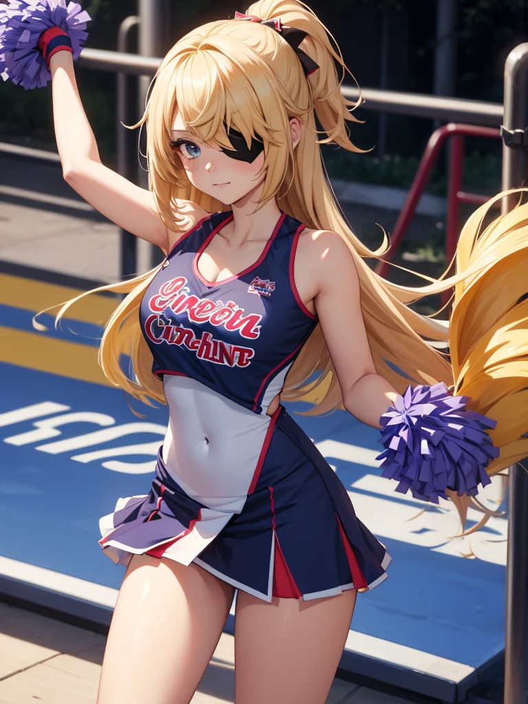 Fischl from Genshin impact game, 1girl, as a cheerleader, wearing a cheerleader outfit, at a playground, blonde hair, one eye patch, 8k, high detailed, high quality, full body