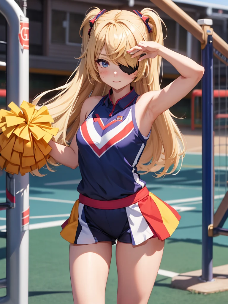 Fischl from Genshin impact game, 1girl, as a cheerleader, wearing a cheerleader outfit, at a playground, blonde hair, one eye patch, 8k, high detailed, high quality, full body