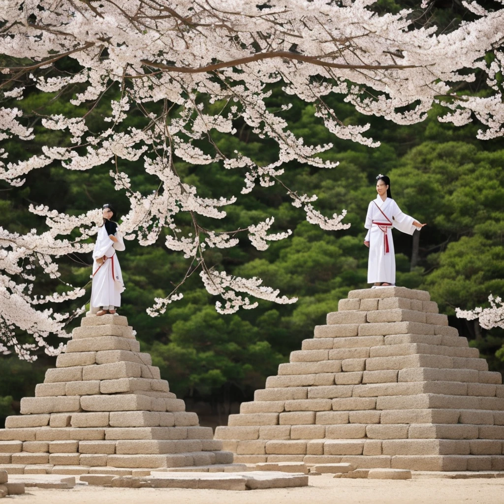 Mimiya in sandy white blossom stands on top of the pyramid