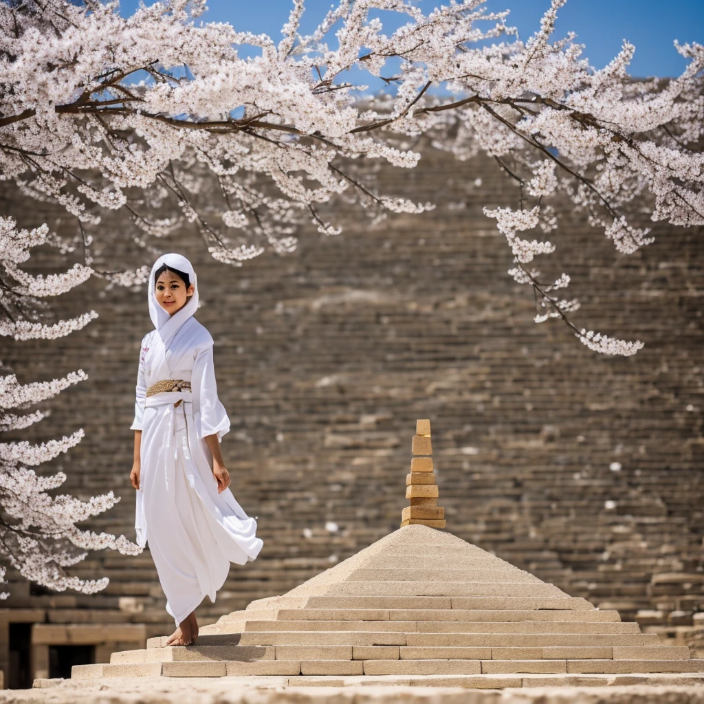 Mimiya in sandy white blossom stands on top of the pyramid