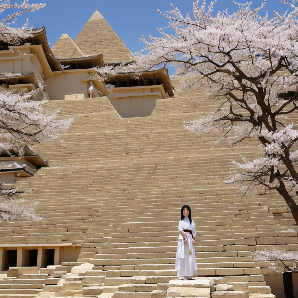 Mimiya in sandy white blossom stands on top of the pyramid