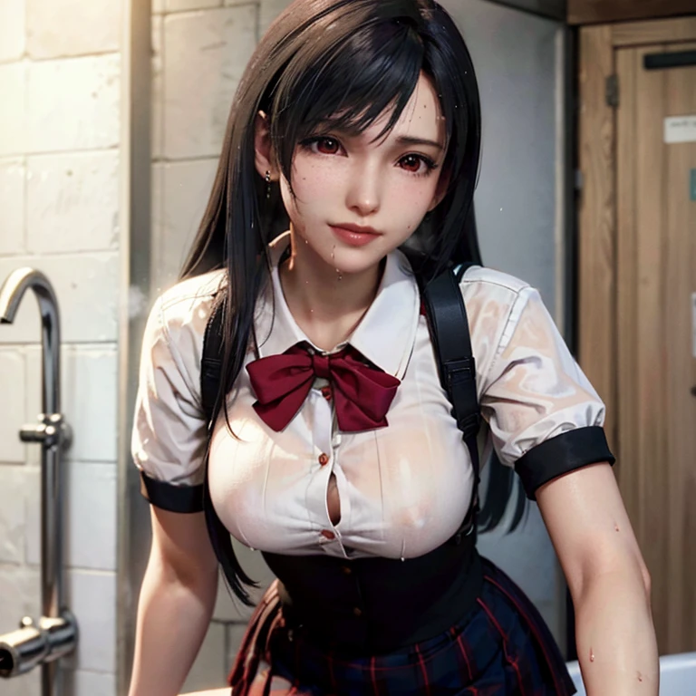 (masterpiece, best quality:1.2), in the bath , wet clothes, soaked, wet hair, wet skin, translucent, glistening with oil , dishevelled , solo, 1girl, school girl uniform , steam , plaid skirt , pleated skirt , The shirt is tight. , white shirt , school girl , red bow , red knot , highly detailed photo of Tifa Lockhart , red eyes, intricate, highres, 8k, detailed hair , wet and sweaty , wet white shirt